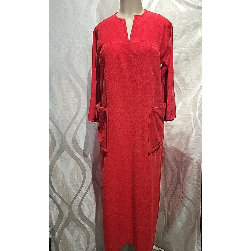 Vanity Fair Vintage 70s Red Dacron Polyester Felted Fleece Housecoat Kaftan Robe